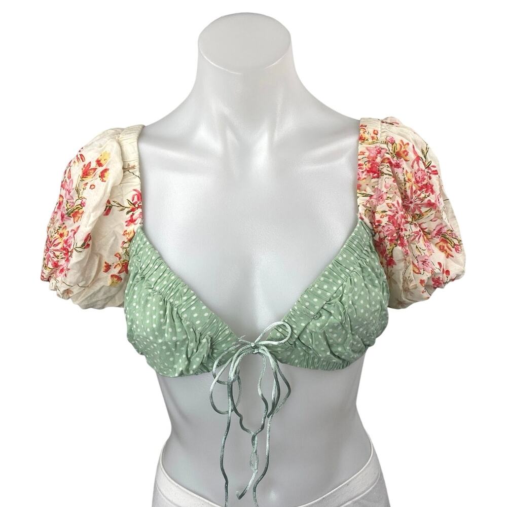 O. Vianca Green Short Puff Sleeve Polka Dots Floral Tie Blouse Crop Top Size S